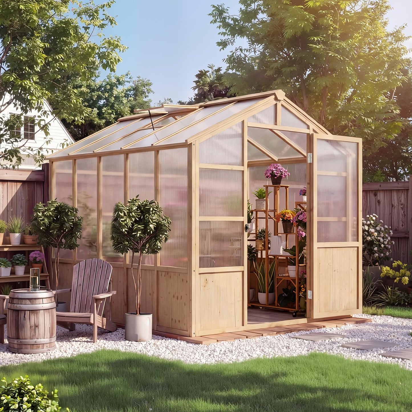 Wooden Greenhouse Kit with 4mm Polycarbonate Panels & 2 Adjustable Ventilation - Heavy Duty Wood Large Outdoor Greenhouse with Lockable Door for Garden, Backyard, Patio, Lawn Walk-in Green House