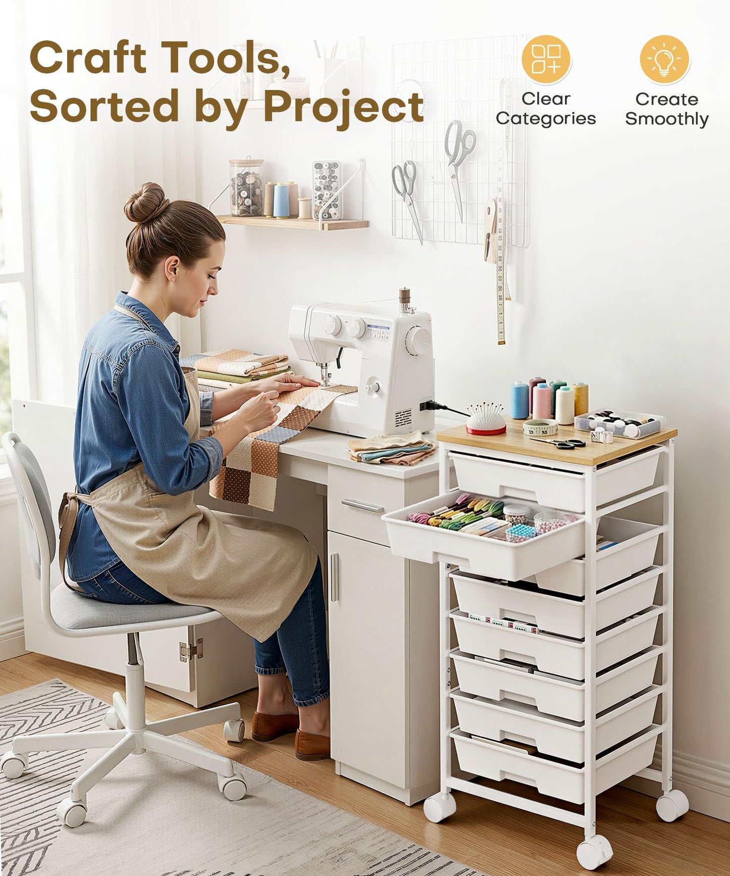 Homde Rolling Storage Drawer Cart: 8-Drawer Sort to Clear Desk & Dresser Clutter - Anti-Fall Smooth Glide Prevents Spill-Out During Daily Grab - Lockable Wheels Keep It Steady