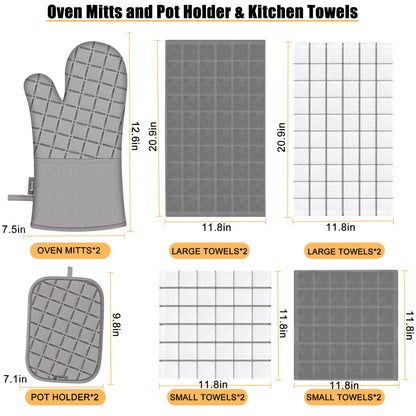 Oven Mitts Kitchen Towels and Dishcloths Pot Holders Sets, Oven Gloves Kitchen Dish Towels 500 Degree Heat Resistant Potholders with Non-Slip Silicone Surface for Cooking, Grilling, Baking-Gray