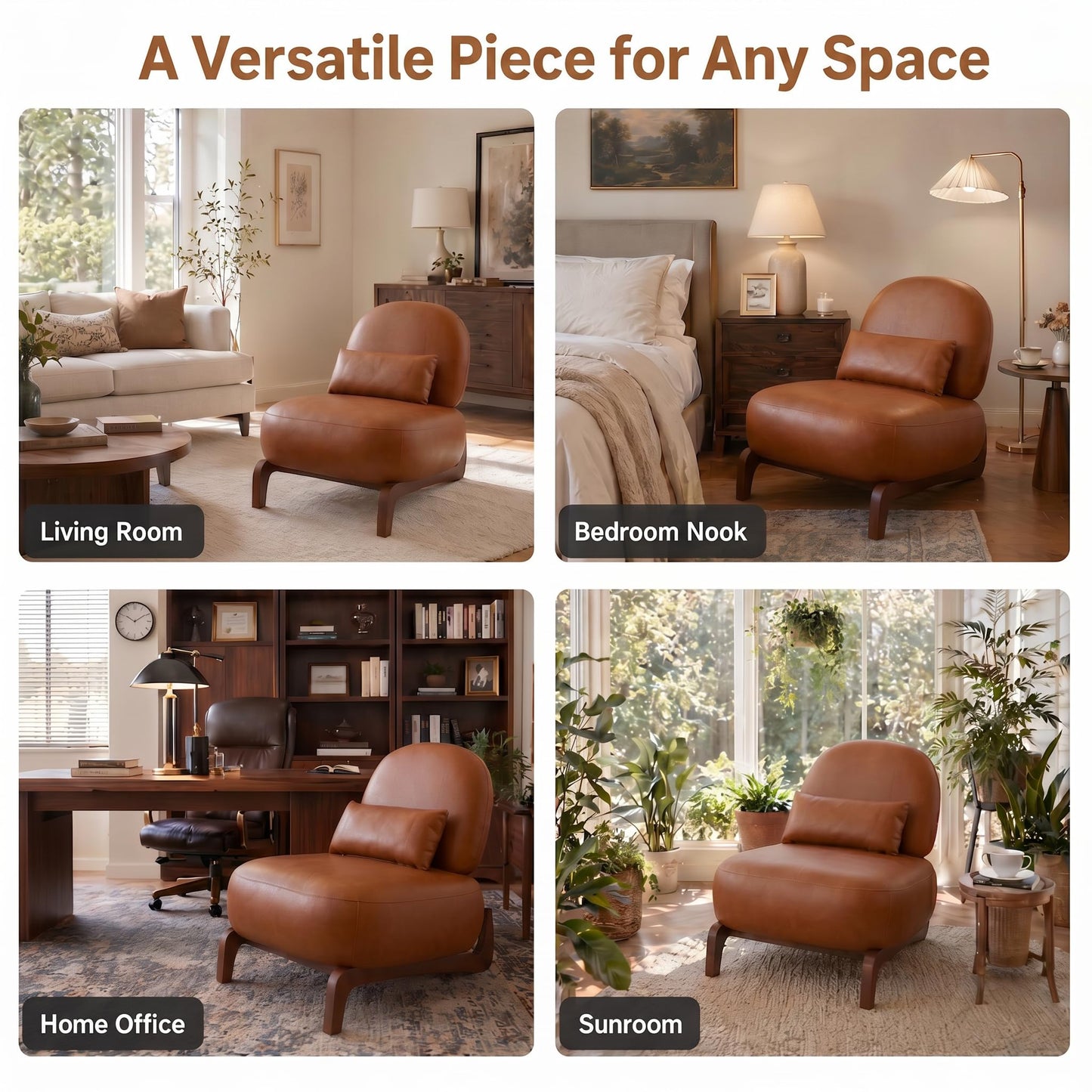 Trygoal Mid Century Modern Leather Armless Accent Chair, MCM Curved Back Lounge Chairs with Tilted Solid Wood Legs & Thick Lumbar Pillow, Single Cloud Sofa for Living Room Reading Nook (Brown)