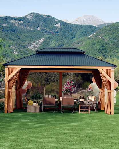 10x12 ft Hardtop Wood Gazebo for All Weather, Double Metal Roof, Heavy Duty Cedar Frame, Curtains & Netting, Permanent Outdoor Pavilion for Patio, Deck, Backyard, Lawn, Garden, Khaki