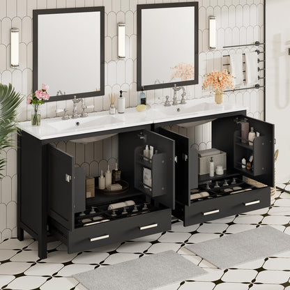 Favfurish 72" Double Bathroom Vanity with Ceramic Sink,Free Standing Single Basin Vanity Set w/Storage Shelves & Divided Drawer,Soft-Close Doors,Bathroom Storage Solution,Mirror Not Included,Black