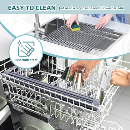 Ohuhu Over Sink Dish Drying Rack, Silicone Wrapped 17.6" W x 15.4" L Large Over The Sink Roll Up Dish Drainer - Foldable Sink Drying Rack Rolling Drain Mats Anti-Slip Multipurpose for Kitchen Counter