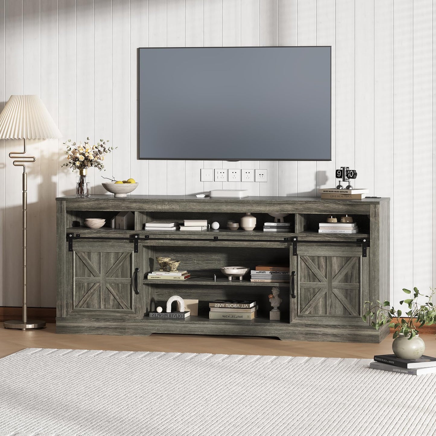 GarveeTech Modern Oak TV Stand for 75 Inch TVs - Sliding Barn Doors, Adjustable Shelves, Open Storage, Power Outlets - Media Console Table for Living Room or Office - Oak