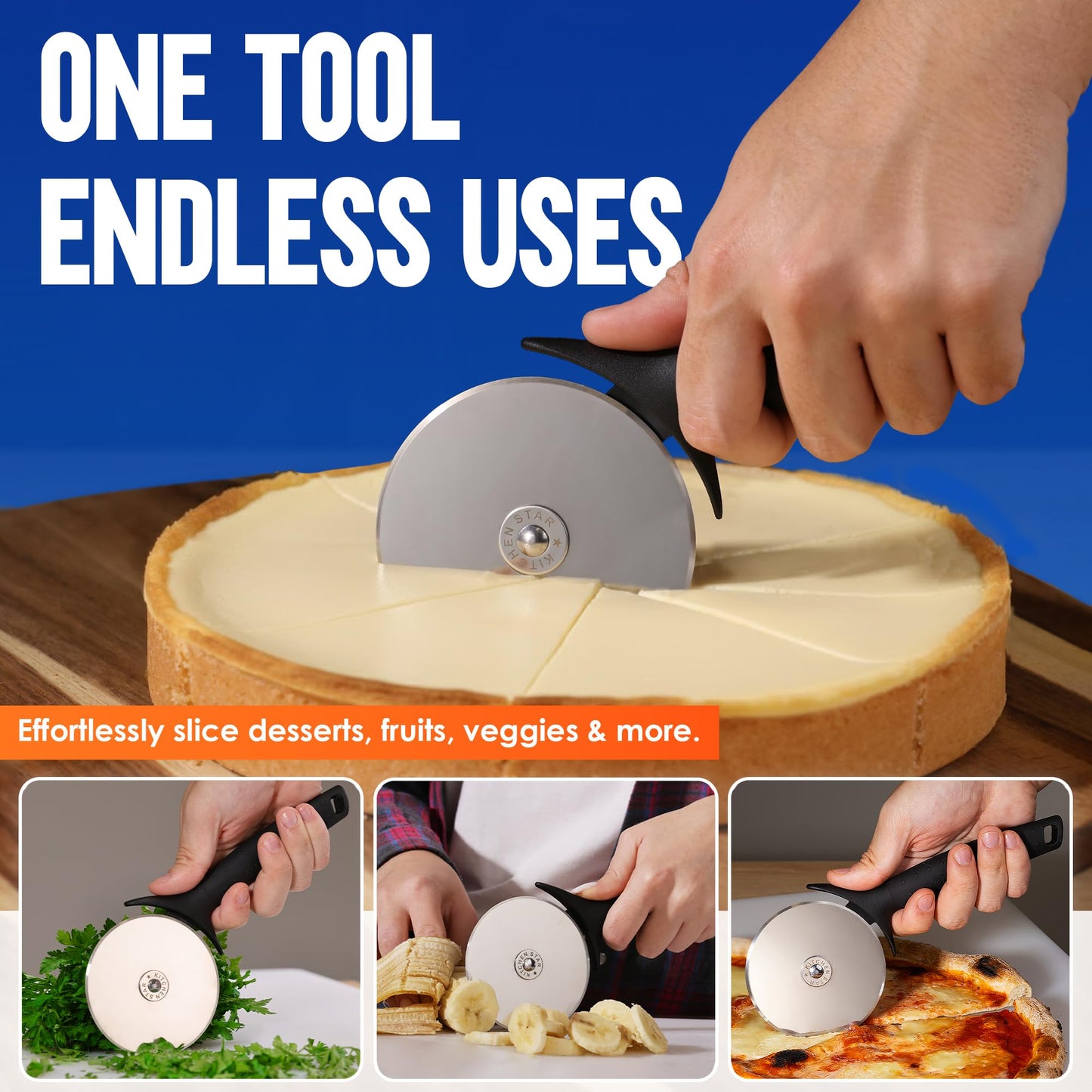 KitchenStar Pizza Cutter Wheel - 304 Stainless Steel Slicer Knife with Super Sharp Blade, Anti-Wobble Axle Mechanism, Ergonomic Non-Slip Handle & Protective Cover, Dishwasher Safe