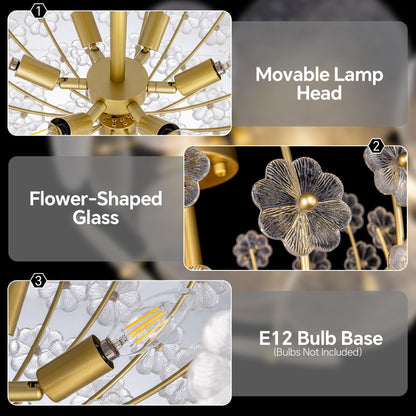 Wellmet Gold Semi Flush Mounts Ceiling Light,Sputnik Ceiling Light Fixture for Bedroom,Flowers Glass Modern Chandelier for Dining Room,Mid Century Close to Ceiling Light for Foyer,Living Room,Nursery