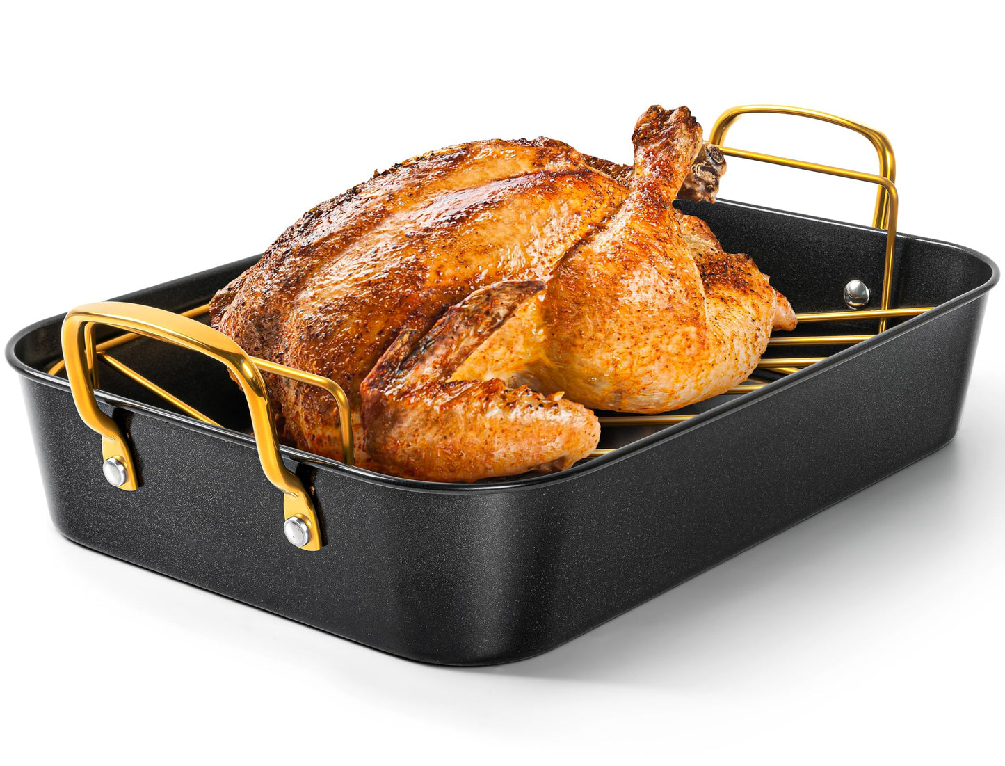 MICHELANGELO Roasting Pan with Rack, Carbon Steel Turkey Roasting Pan for Oven and Induction, Nonstick Turkey Roaster Pan with Stainless Steel Golden Rack & Golden Handle, 15 Inch x 11 Inch