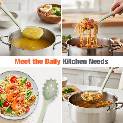 Silicone Spaghetti Spoon&Soup Ladle Cooking Utensils Set of 2,No Scratch for Nonstick Cookware,BPA Free, 450℉ Heat Resistant (Green)