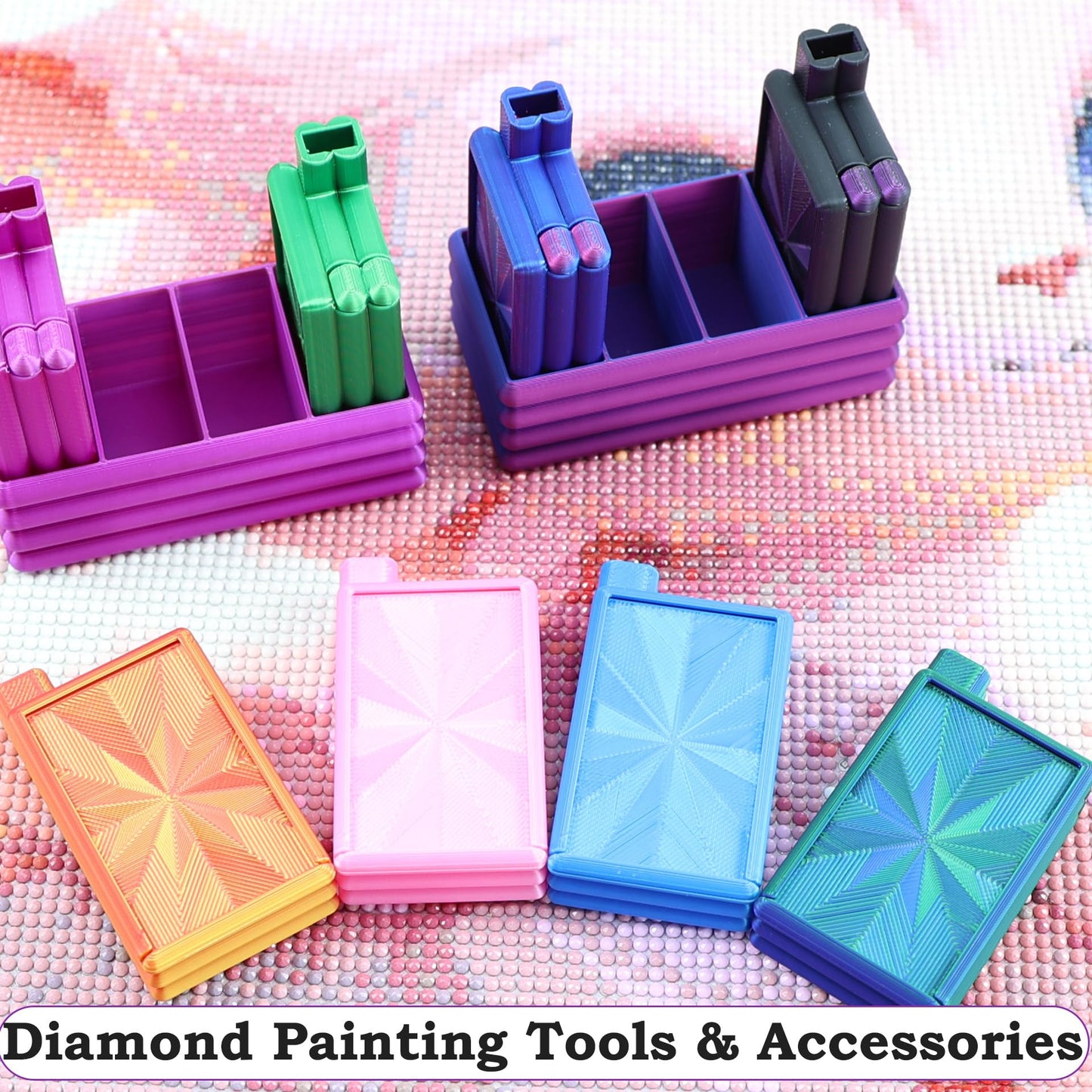 Diamond Painting Trays with Lid, 4Pcs Diamond Art Tray with 4 Compartments Diamond Painting Storage Organizers Case, Tweezers, Brushes, 16pcs Ziplock Pouches Bags for Diamond Art Kit (Blue Purple)