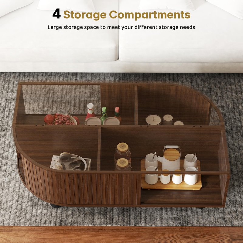 sunmiler Mid-Century Modern 39.4" Coffee Table - Leaf-Shaped Wood Center Table with Storage, Retro Fluted Central Table with Sliding Door for Living Room, Office, Walnut