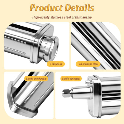 Pasta Roller Attachment for KitchenAid Stand Mixer, Stainless steel Pasta Roller Attachment with 8 Adjustable thickness knob, Stainless Steel Pasta Maker accessory Machine