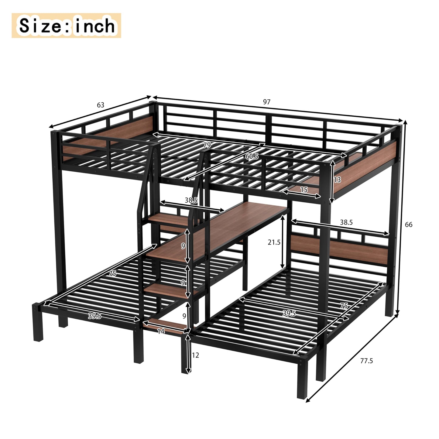 Bellemave Queen Over Twin & Twin Bunk Bed with Shelves, Metal Triple Bunk Beds with Safety Guardrails and Underbed Storage, Heavy-Duty 3 Bunk Beds for Kids, Teens, Adults, No Box Spring Needed, Black