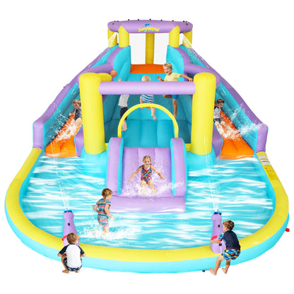 7-in-1 Inflatable Water Slide Bounce House with 3 Slides, Splash Pool, Climbing Wall, Water Gun & Basketball – for Kids Aged 3-10, 520W Blower, 168 x 150 x 78 Inches, Outdoor Backyard Fun