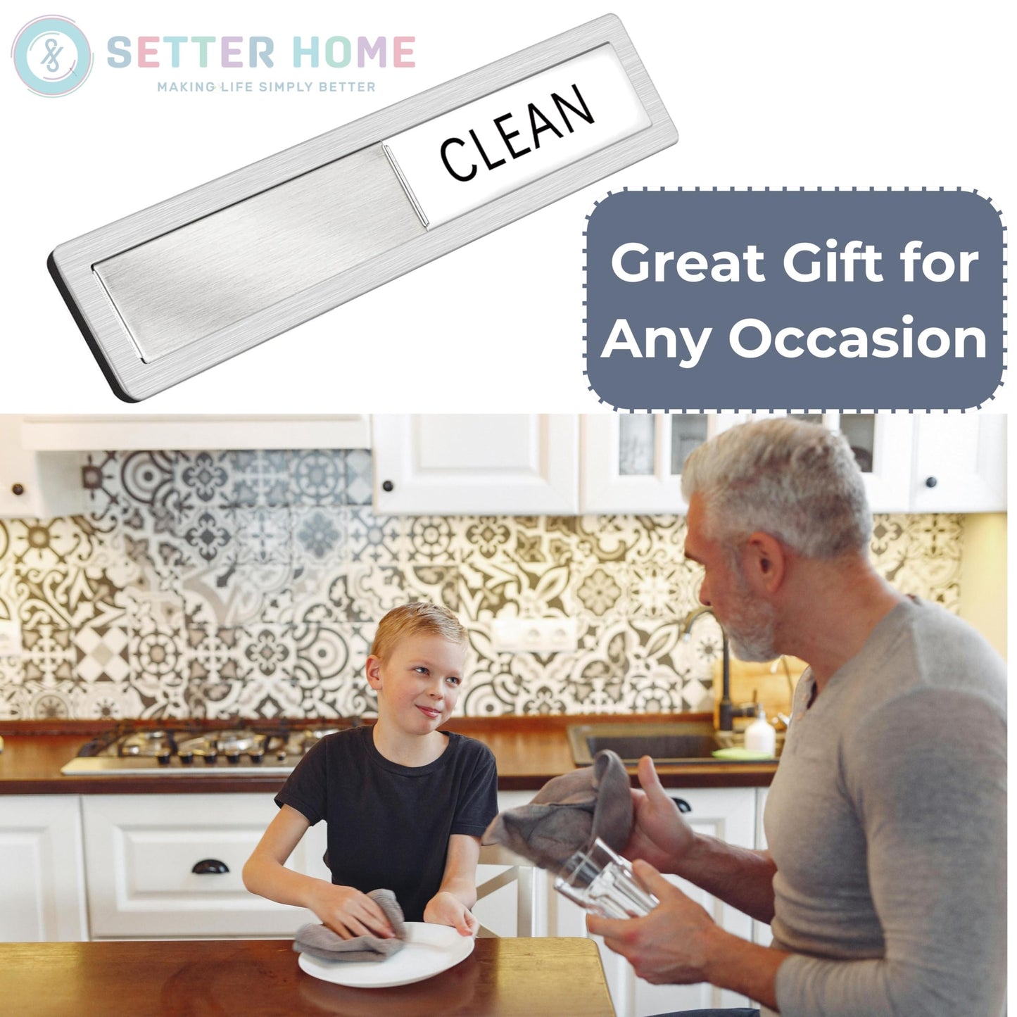 Clean dirty magnet for dishwasher, Premium Stainless Steel Black Clean Dirty Sign Indicator - Grade 304 Clean Dirty Magnet for Dishwasher, Easy to Read with Extra Adhesive Tape (Silver/White)