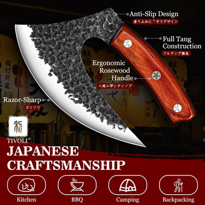TIVOLI Ulu Knife with Sheath – Full Tang Rosewood Handle, Gift-Ready Box, Viking-Style Cleaver & Pizza Cutter for Meat, Herbs, and Outdoor Cooking –A Christmas Gift for Men and Women