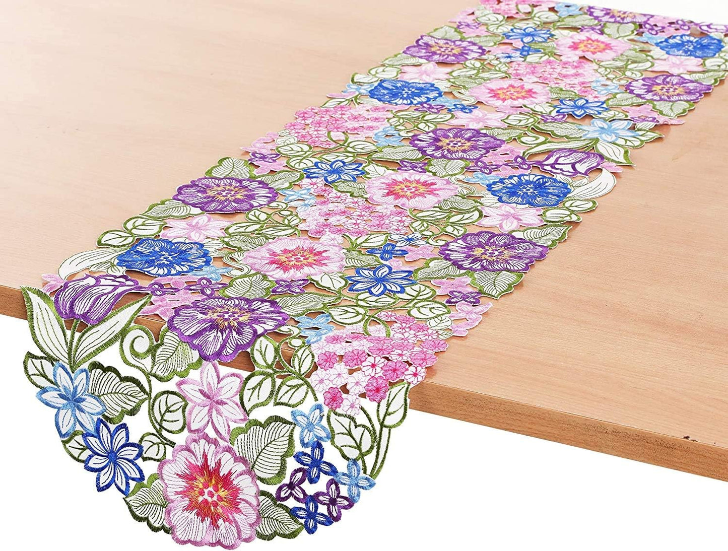 Flowery Table Runner 13"×54", Cutwork Embroidered Floral Dresser Scarf for Home Kitchen Dining