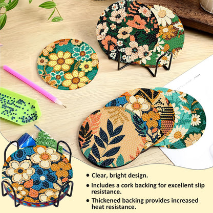Reivworl 8 Pcs Flowers Diamond Art Coasters Kits, Flowers Diamond Art Kits for Adults, 5D Diamond Painting Coasters (4x4 Inch, with Holder Cork Pads)