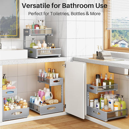 Under Sink Organizer by [Brand Name] - 2 Pack 2 Tier Pull Out Cabinet Storage with Mesh Drawers | Grey