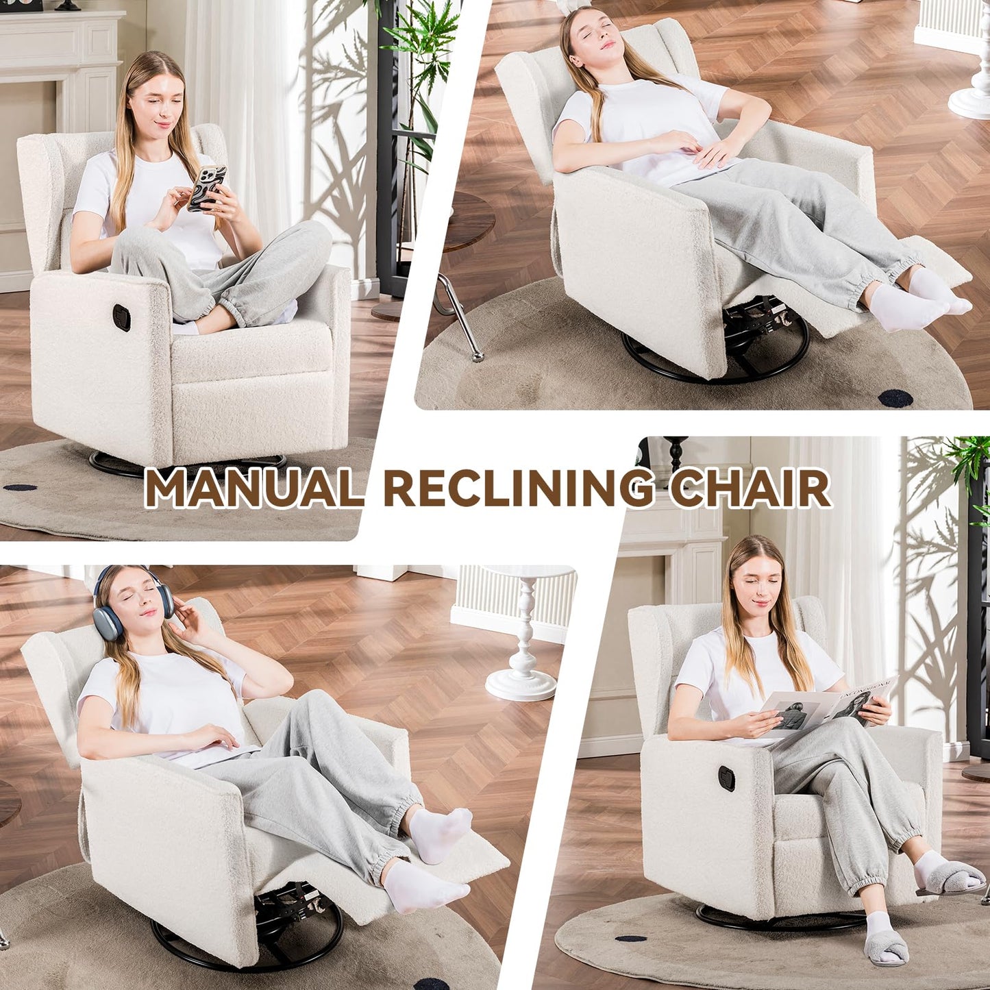 COMHOMA Nursery Rocking Chair Teddy Upholstered Swivel Rocker Recliner Manual Glider Reclining Chair for Living Room Bedroom Offices (Beige,1 PCS)