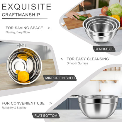 HaWare Mixing Bowls with Airtight Clear Lids, 6-Piece Stainless Steel Strong Nesting Bowls Set, Metal Salad Bowl for Cooking, Prepping, Baking, Serving & Food Storage, Size 4.6, 3, 1.5QT, Black