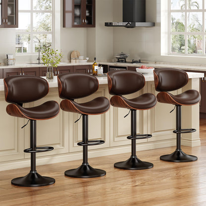 YaFiti Bar Stools Set of 3, Bentwood Adjustable Height Swivel Bar Stools, PU Leather Upholstered Bar Chair with Back and Footrest for Bar, Kitchen, Dining Room, Brown