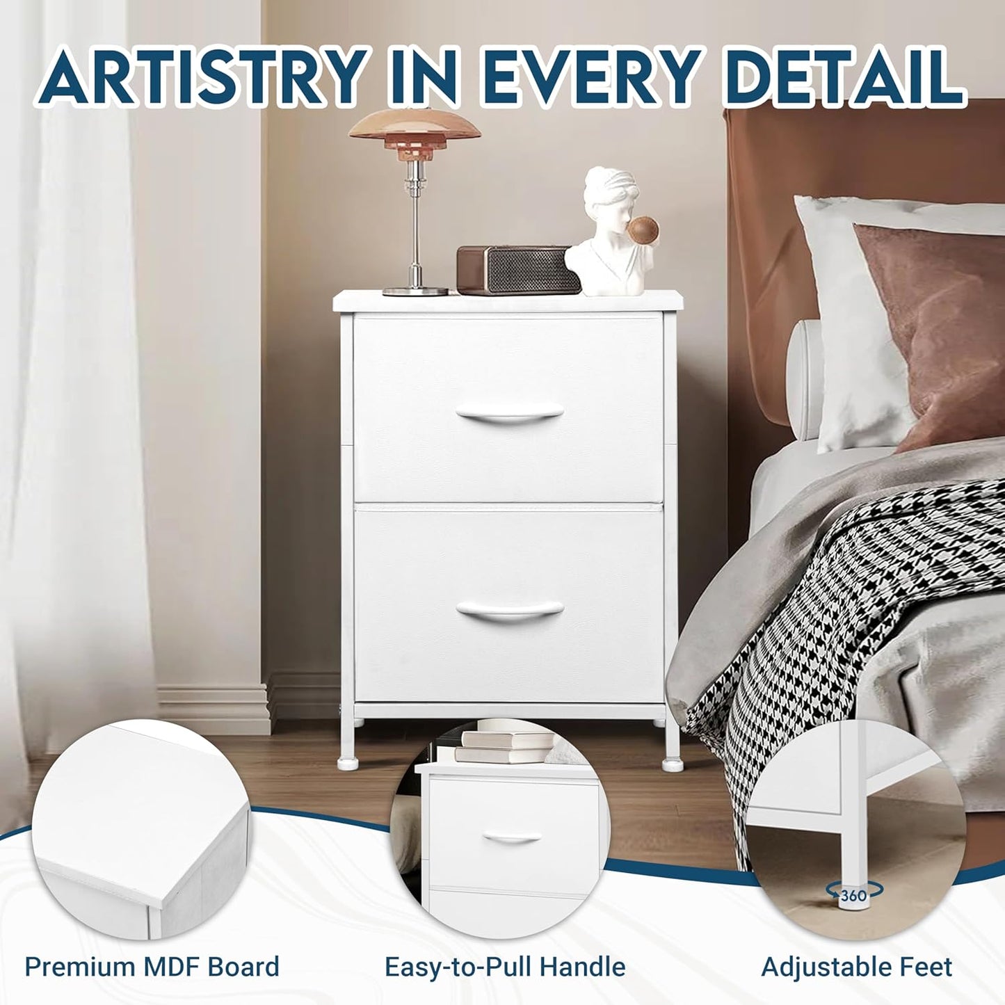 2 15.7" 11.8" 21" LOFTEY White Nightstand, Bedside Table with Fabric Drawers, Small Kids Night Stand for Bedroom, Bed