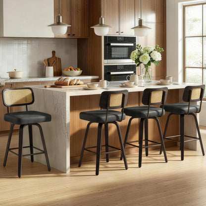 Swivel Bar Stools Set of 4, 26" Upholstered Counter Height Bar Stools with Rattan Back and Bent Wood Legs, Faux Leather Modern Barstools for Kitchen Island,Rattan Black/Dark Walnut Frame