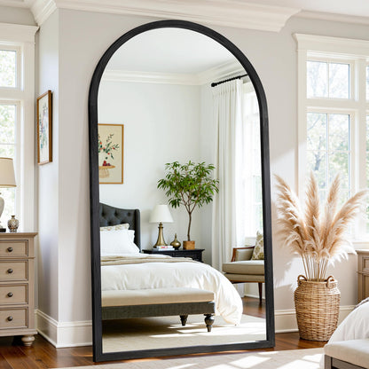 Full Length Mirror 82"×44" Floor Mirror Standing Tall Mirror, Arched Stand up Large Wall Mirrors, Freestanding Full Body Mirrors for Bedroom Living Room Wood Antique Style Black