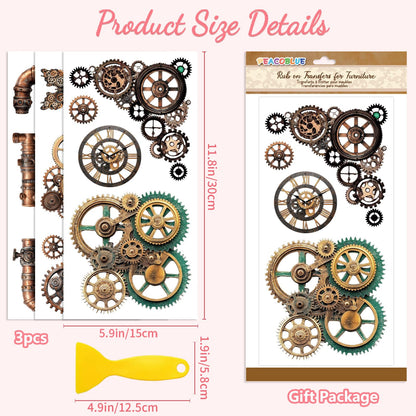 Peacoblue Rub on Transfer Decal Sticker for Furniture Craft Decor 6"x12" Steampunk Gears, 3Pcs Waterproof UV DTF Transfer for Drawer Dresser Glass Porcelain Wood Plastic