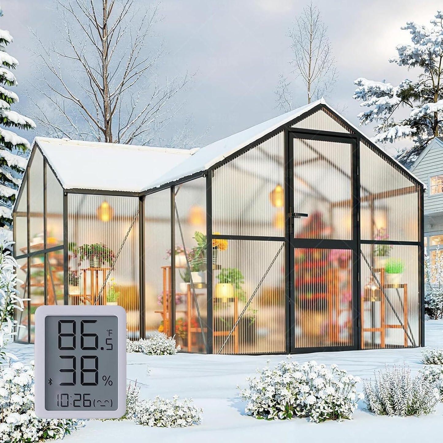 12x12 FT T-Shape Greenhouses, Polycarbonate Green House with UV Protection, Heavy Duty Greenhouse with Windproof Aluminum Frame, Roof Vent & Quick-Install Design for Backyard or Garden Use