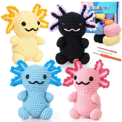 Weldomcor Crochet Kit for Beginners, Amigurumi Crocheting Animals Kits for Adults with Step-by-Step Video Tutorials Knitting Yarn Hooks DIY Crafts Starter Supplies Gifts Set (4 Pcs Mini Axolotls)
