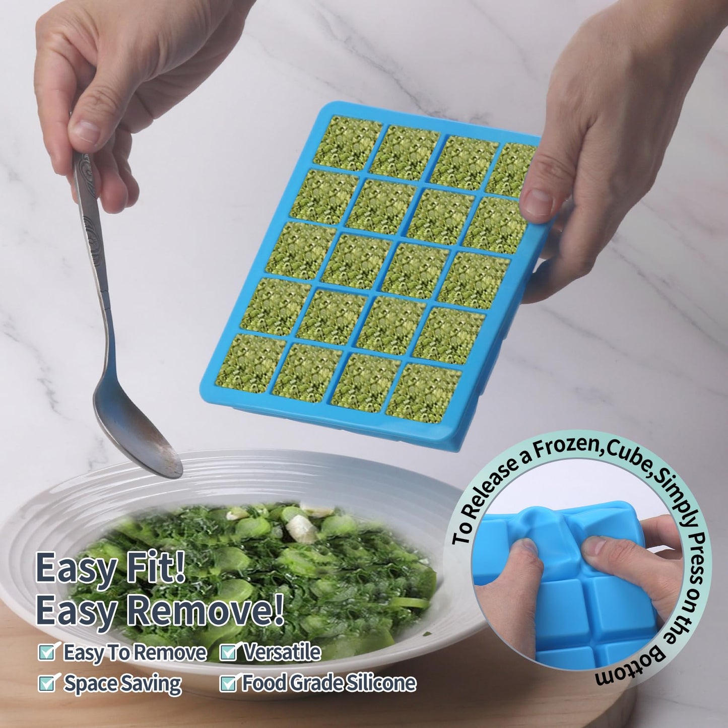 1 Tbsp Silicone Freezer Molds - Perfect for Storing Garlic, Ginger, Pesto, Herbs,Tomato Paste, Lemon Juice,Vegetable Purees,Purees and More - Silicone Food Freezer Tray (2 Pack Blue)