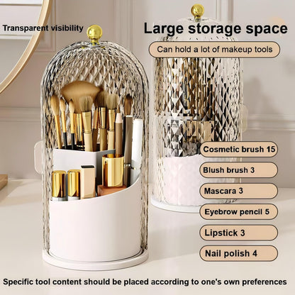 RONGZHIERK Makeup Brush Holder with Lid,Makeup Brush Storage Box with Diamond Pattern,360 Rotating Waterproof and Dustproof Beauty Brushes Storage for Vanity Bathroom,White