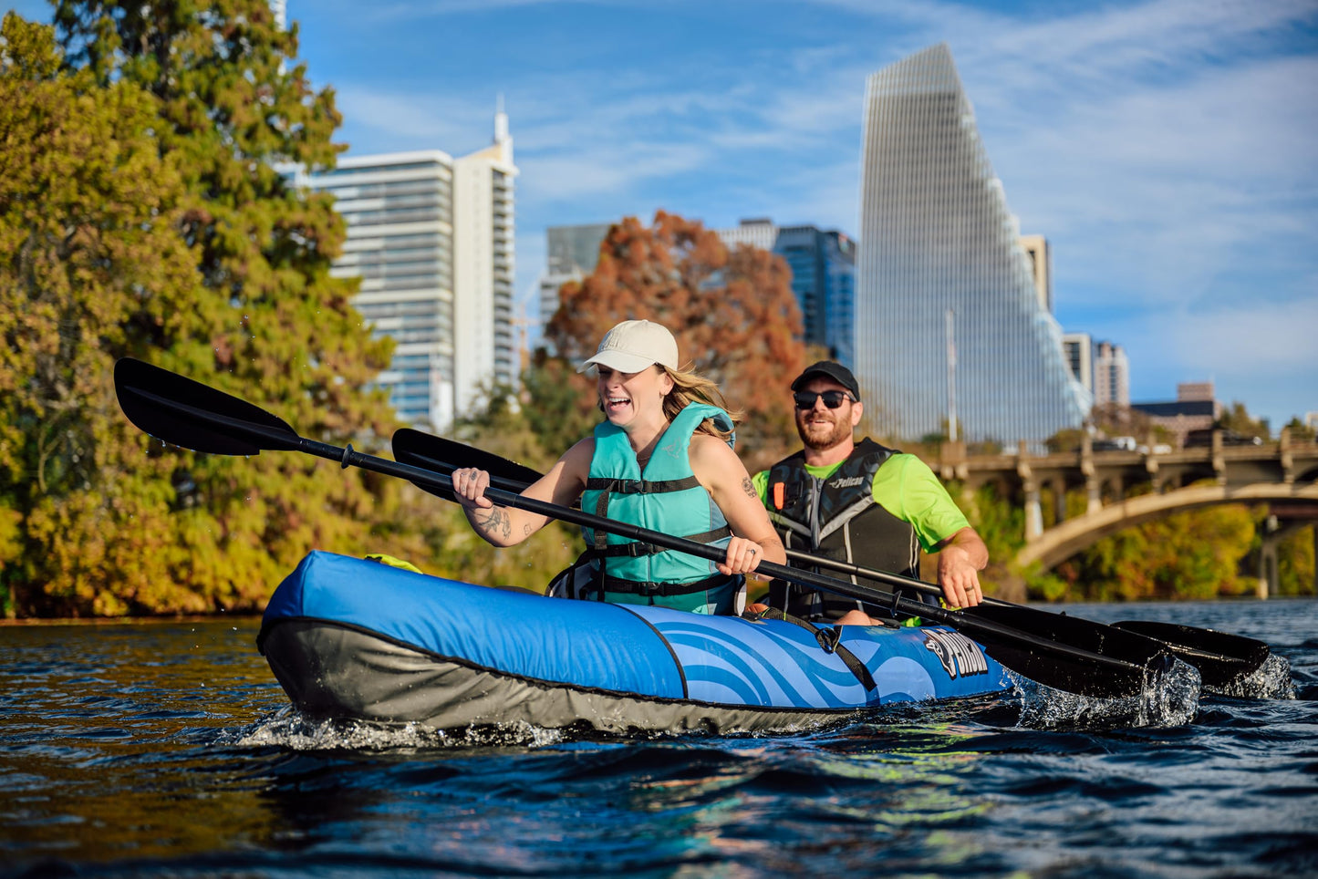 Pelican iESCAPE 110 Inflatable Convertible Kayak - Recreational Single or Tandem Kayak - Compact, Stable and Fun All in One - Transport Bag & Pump Included - 11 ft - Blue