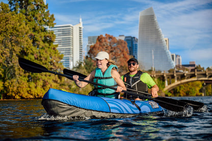 Pelican iESCAPE 110 Inflatable Convertible Kayak - Recreational Single or Tandem Kayak - Compact, Stable and Fun All in One - Transport Bag & Pump Included - 11 ft - Blue