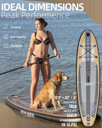 BM Paddle Board Inflatable Stand Up Paddle Board, SUP Paddleboard for Adult, Premium Accessories | Non-Slip EVA Deck & Foam Handles, Camera Mount, Double Action Pump, 85L Travel Backpack, Oak