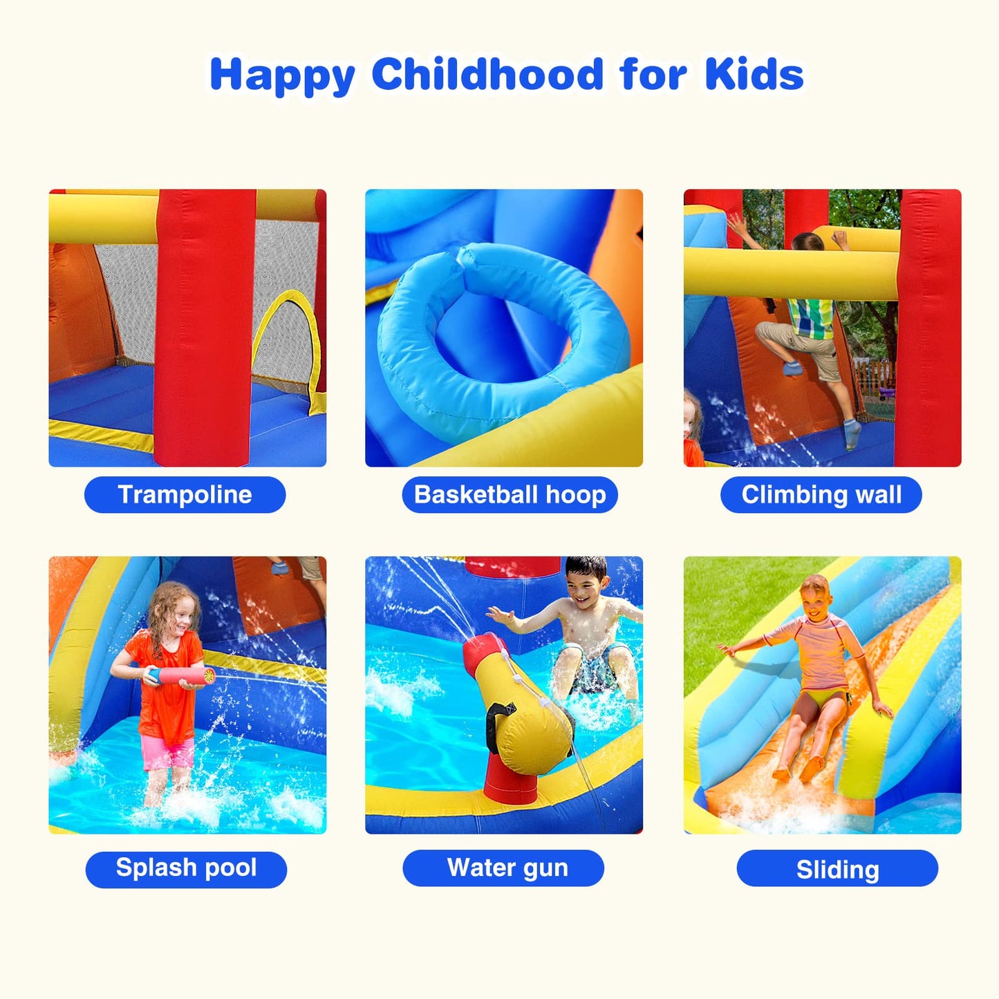 JOYLDIAS Inflatable Water Slide Bounce House,Slide Bouncer Castle Playhouse w/Splash Pool,Jump Area, Climbing Wall,Basketball Hoop,450W Air Blower for Kids Backyard Indoor Outdoor Use,Free Water Gun