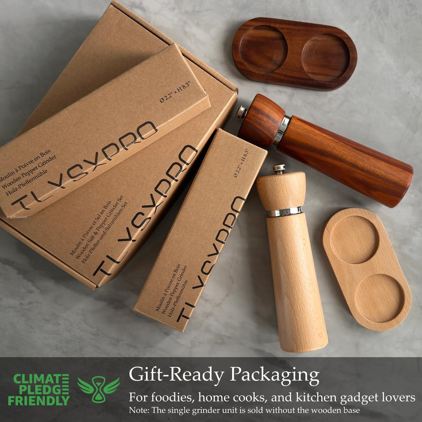 TLYSXPRO Wooden Salt and Pepper Grinder Set – Refillable Salt and Pepper Mill with Adjustable Upgraded Large Size Ceramic Burr – Manual Pepper Grinder with Acacia Wood Body – 8.3” Tall