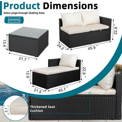SUNLEI Patio Furniture Set with Detachable Soft Cushions, Outdoor PE Rattan Patio Conversation Sofa Set, 3-Piece Patio Sectional Sofa with Glass Coffee Table, Black Rattan/White