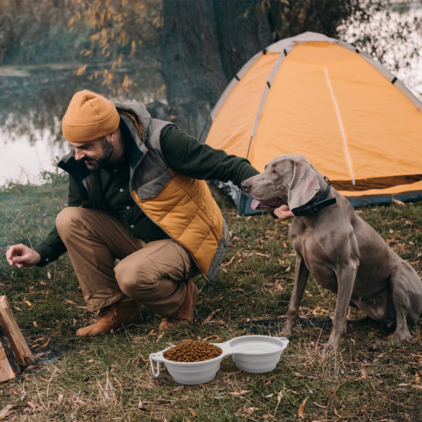 SLSON Collapsible Dog Bowls,Integrated Molding Dog Double Bowl No Plastic Rim 2 in 1 Foldable Pet Food & Water Bowl Cat Feeder Dish for Walking,Hiking,Camping (Cold Grey)