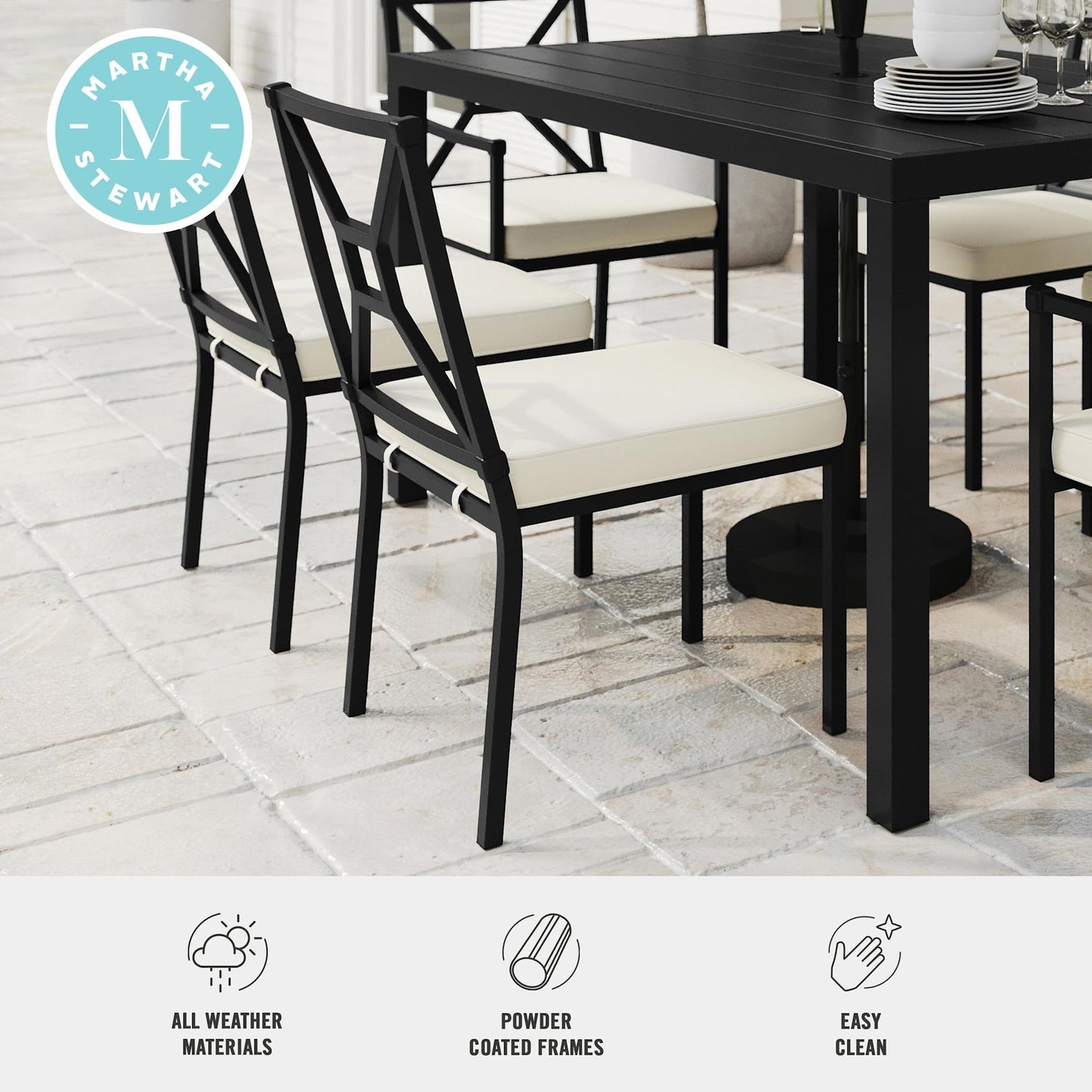 Martha Stewart Lily Pond All-Weather Stackable Patio Chairs with Elevated Backrest Design and Steel Frames in Black with Cream Cushions, Set of 2