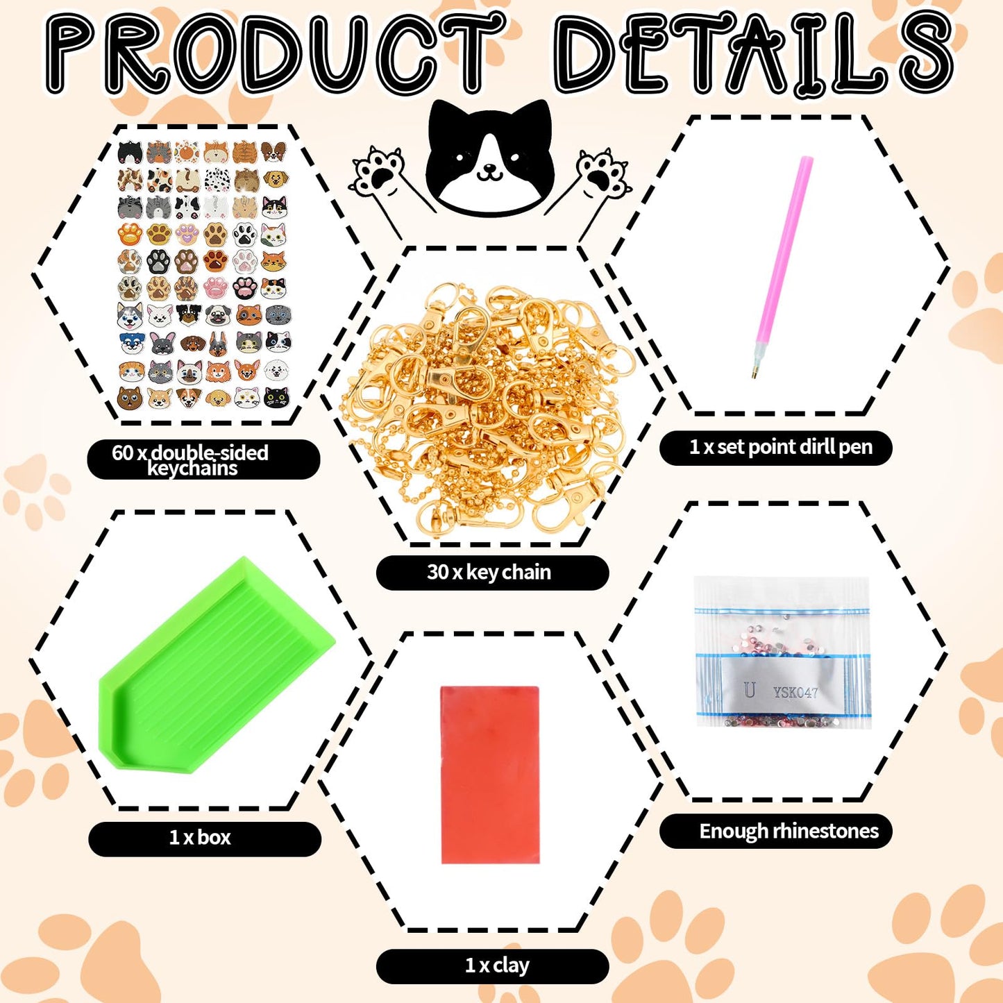 Huquary 60 Pcs Cat Dog Diamond Painting Keychain Animal Diamond Painting Keychain Kits for Aldults Double Sided 5d Rhinestones Hanging Key Chains Ornaments for Beginners DIY Crafts Party