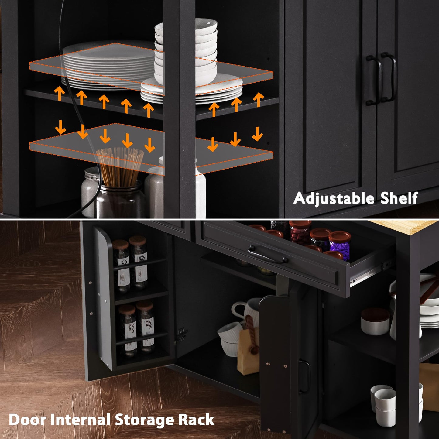 Ball & Cast Kitchen Island with Extendable Dining Table,Rubber Wood Veneer Kitchen Table with Internal Storage Rack,Power Outlet & USB Ports,Kitchen Cart On Wheels W/ 2 Drawers & 2 Cabinets,Black,47"