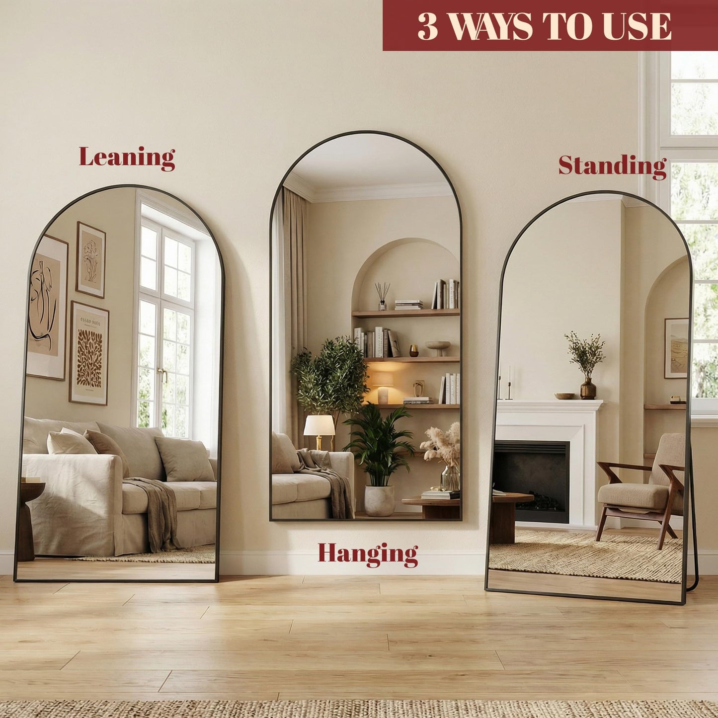 Suidia 88"x44" Arched Full Length Mirror with Stand, Full Body Mirror with Aluminum Frame, Freestanding/Leaning/Wall-Mounted, Floor Mirrors for Bedroom, Living Room, Entryway, Dressing Room, Black