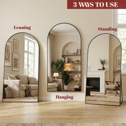 Suidia 88"x44" Arched Full Length Mirror with Stand, Full Body Mirror with Aluminum Frame, Freestanding/Leaning/Wall-Mounted, Floor Mirrors for Bedroom, Living Room, Entryway, Dressing Room, Black