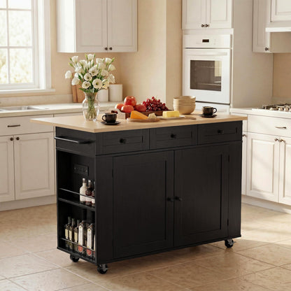 Garvee Rolling Kitchen Island Cart with Power Outlet & Drop Leaf, Kitchen Storage Cabinet On Wheels with 3 Drawers, Spice Rack & Towel Rack, Mobile Island Table for Kitchen