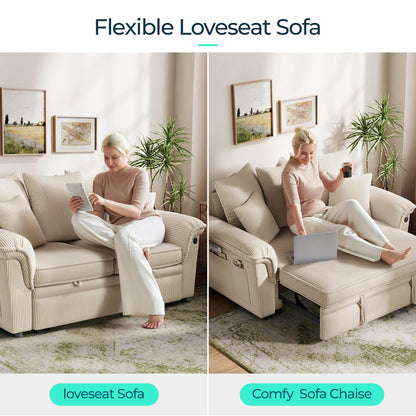 LINSY HOME Sectional Loveseat Sofa with Pull Out Chaise (Beige, 62.5'')