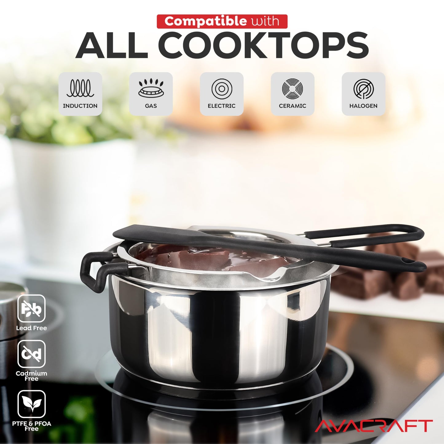 AVACRAFT Double Boiler 18/8 Stainless Steel Double Boiler Pot with Stainless Steel Pot and Silicone Spatula, Double Boiler Set for Melting Chocolate, Candy, Soap, Wax, Candle Making (1 Quart)