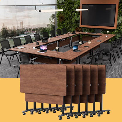 Modular Folding Conference Room Table with Wheels - 6 Pack Flip Top Mobile Training Table,Modern Meeting Tables 2-30 Person,Walnut,61"x 19.6"x 29.5"