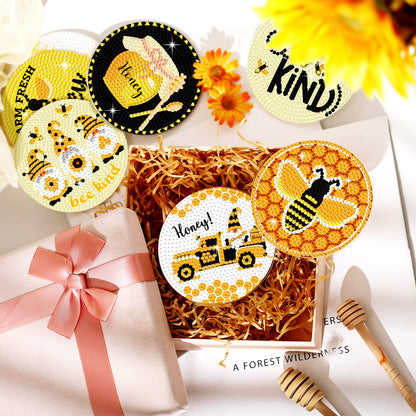 Shellwei 8 Pcs Bee Diamond Painting Art Coasters with Holder Bee Gnome Sunflower Diamond Painting Kit Yellow DIY Crafts Coasters for Adults Beginner Gift Supplies